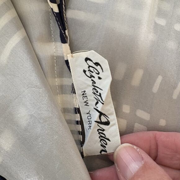 Vintage 80s Elizabeth Arden Navy Blue & White Silk Long Sleeve Midi Dress Sz 12 - Picture 12 of 16